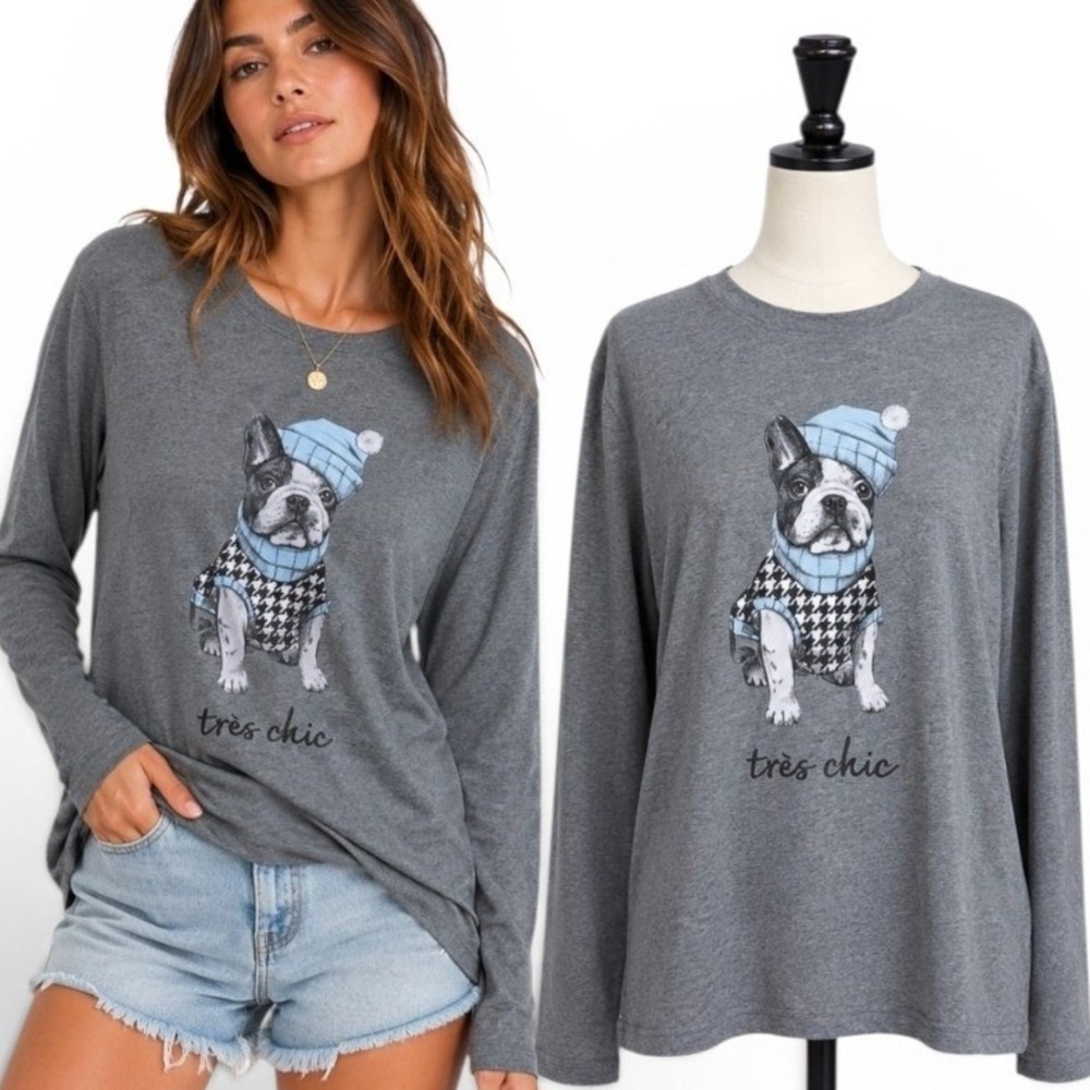Member's Mark Graphic Tee Women Large 10/12 Grey French Bulldog Long Sleeve Top